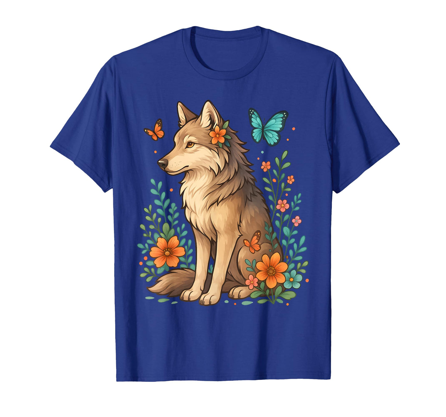 Floral Wolf With Butterflies Mystical Forest Nature Lovers T-Shirt