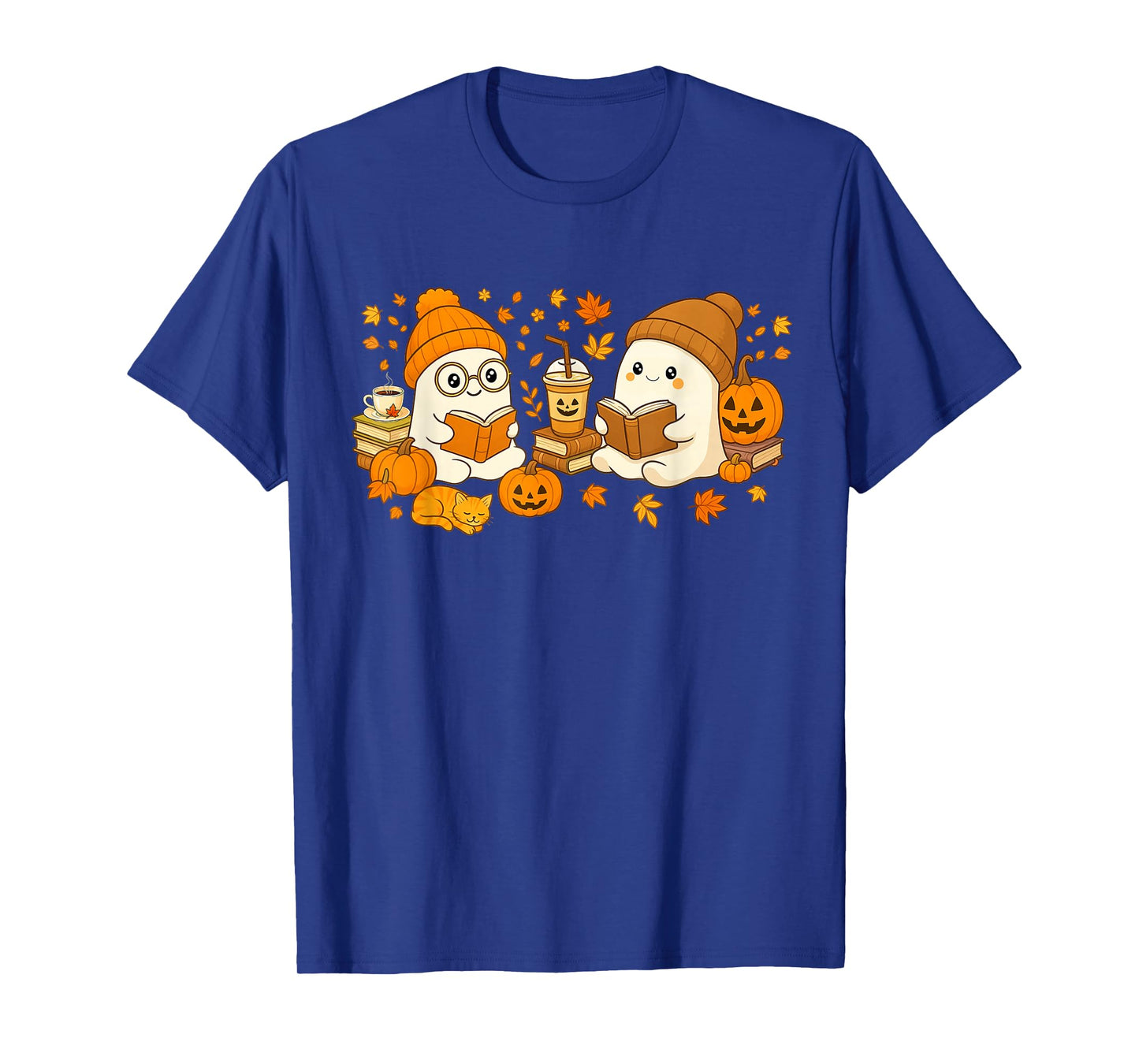 Cute Ghost Reading Book Lovers Cat Autumn Fall Halloween T-Shirt