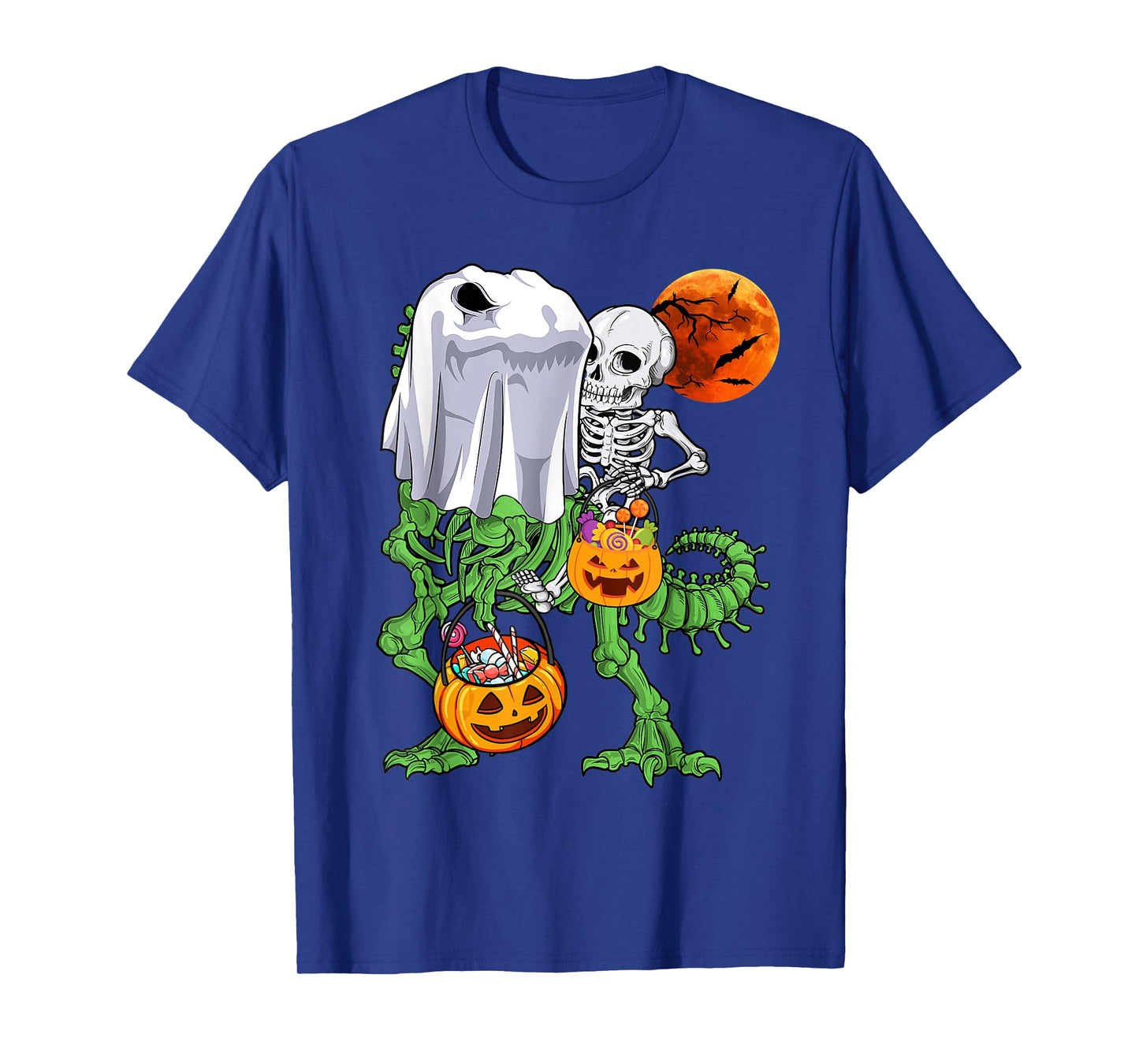 Skeleton Riding Mummy Dinosaur T rex Halloween Funny Pumpkin T-Shirt
