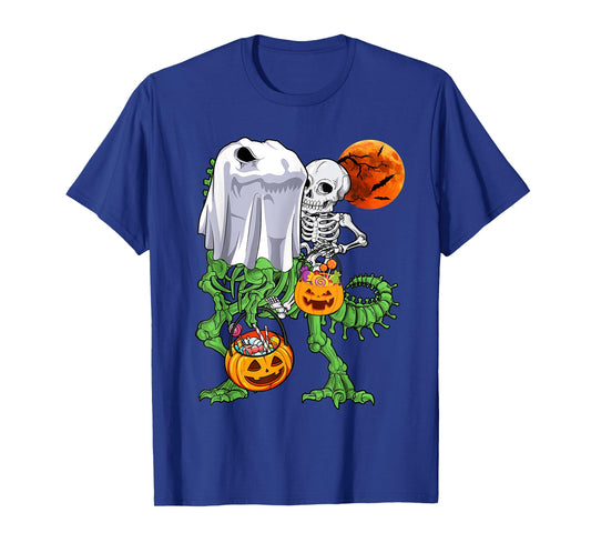 Skeleton Riding Mummy Dinosaur T rex Halloween Funny Pumpkin T-Shirt