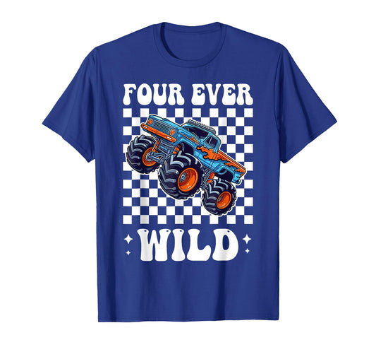 Kids Four Ever Wild Monster Truck 4th Birthday Boy T-Shirt