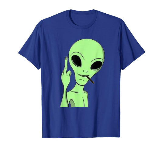 Martian Alien Smoking Blunt Flipping Middle Finger Art T-Shirt