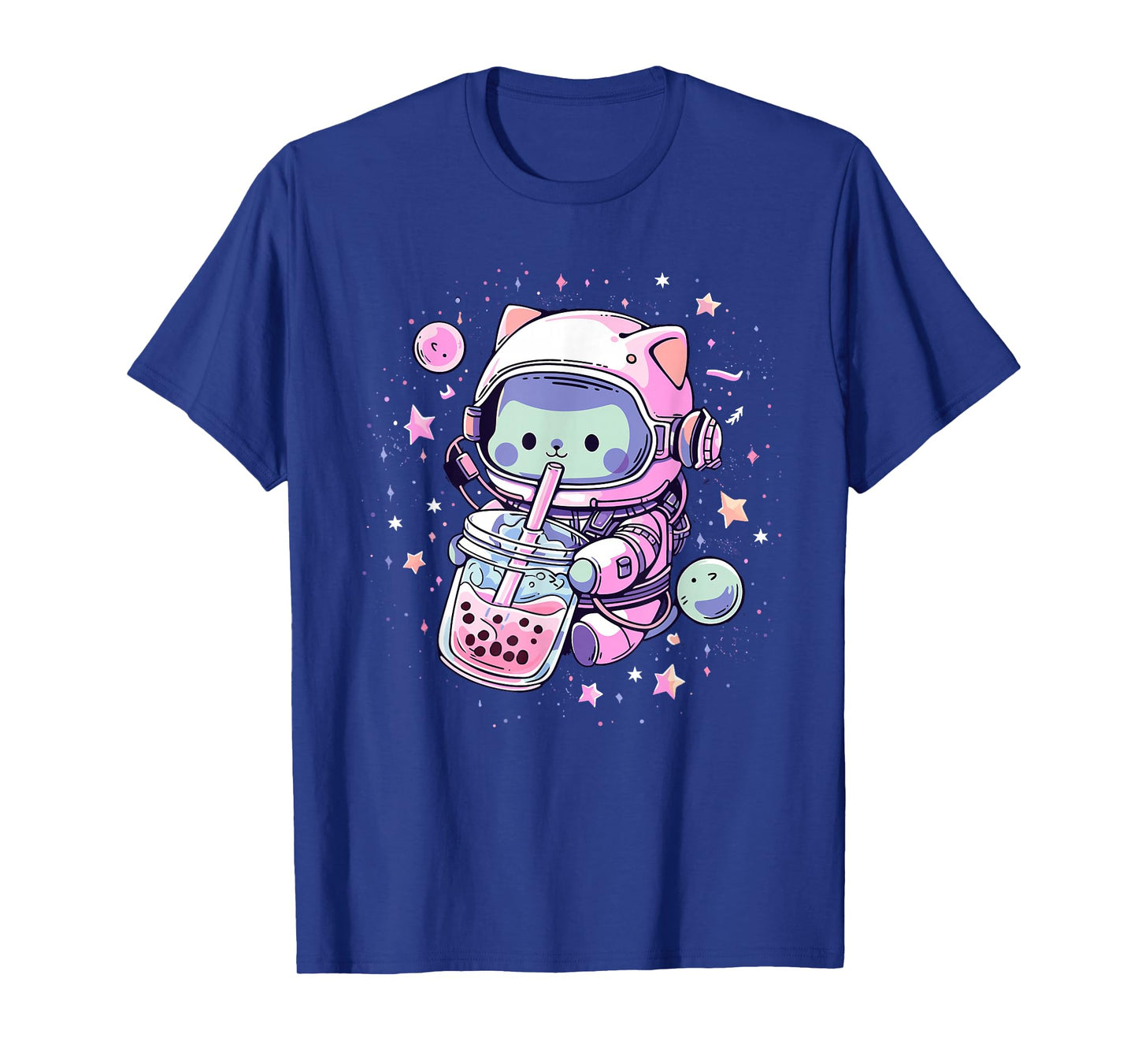 Kawaii Cat Bubble Boba Tea in Space Astronaut Anime Girls T-Shirt