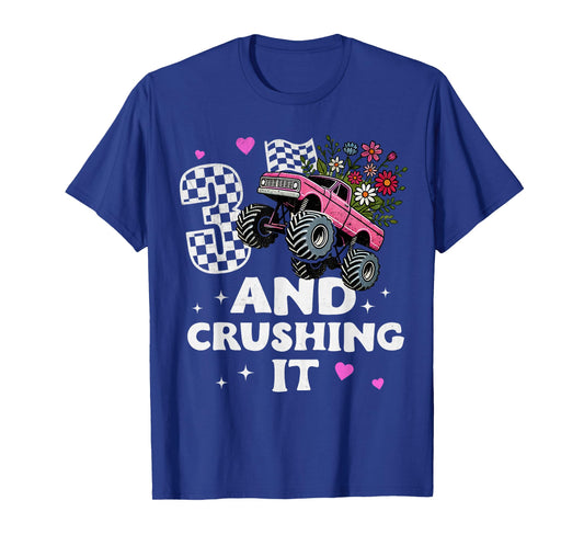 Checkered Girls Monster Truck 3rd Birthday Party Three Kids T-Shirt