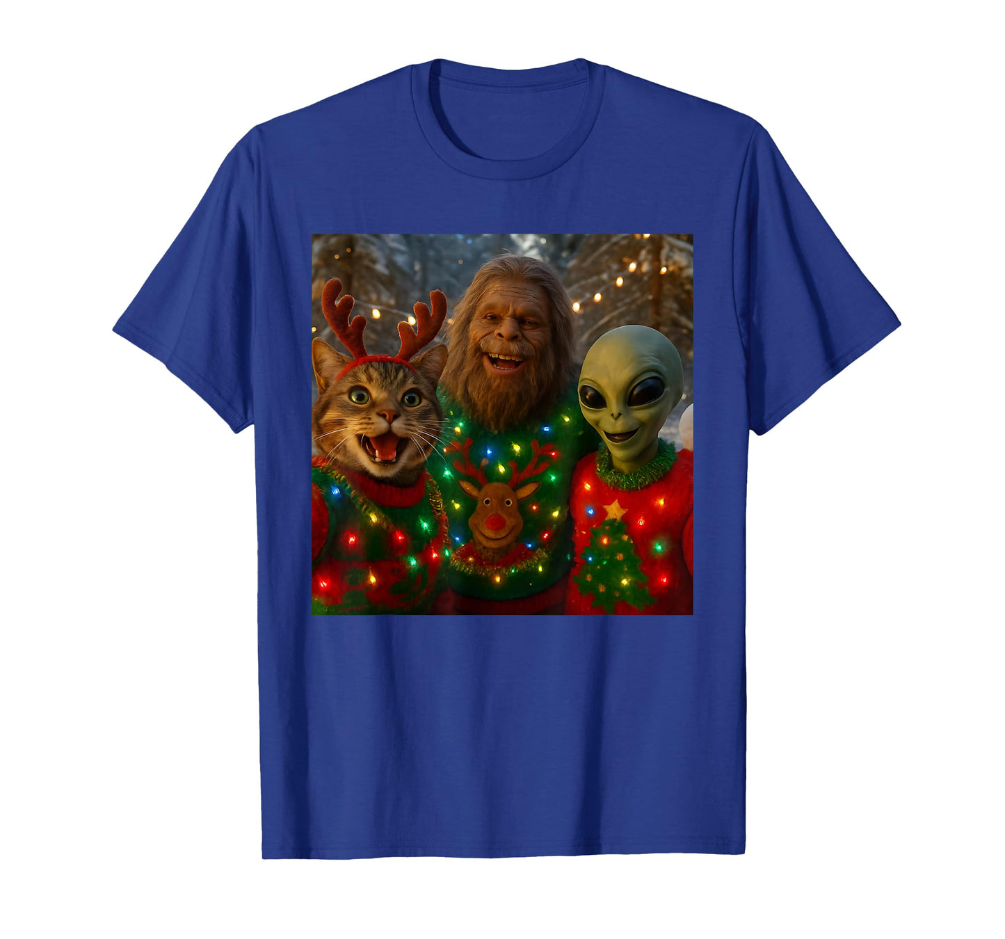 Funny Christmas Cat Selfie with Bigfoot Alien Ugly Sweater T-Shirt