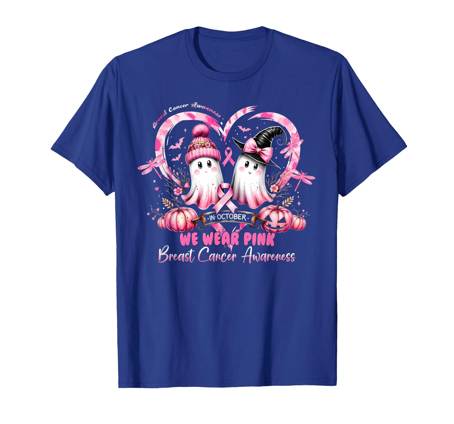in October We Wear Pink Breast Cancer Heart Dragonflies T-Shirt