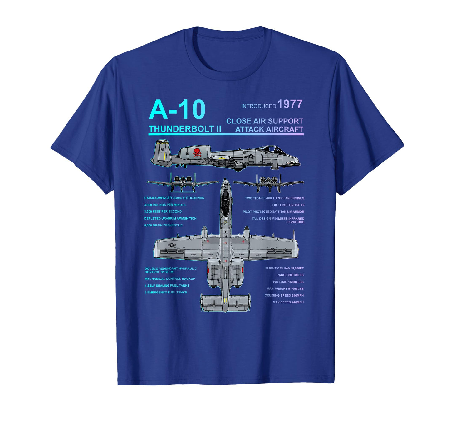 Dinosaurus Rekx A-10 Thunderbolt II Warthog Military Jet Blueprint T-Shirt, Small, Black