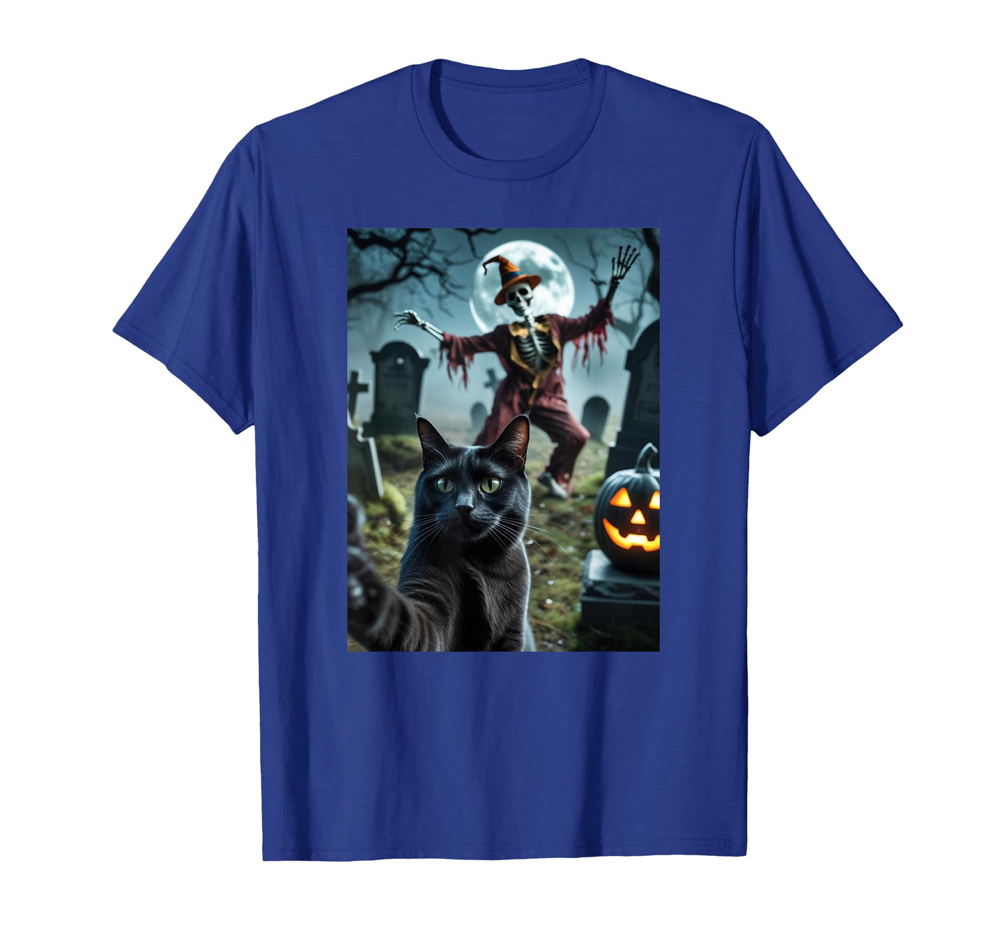 Funny Cat Selfie with Skeleton Scary Halloween Meme T-Shirt