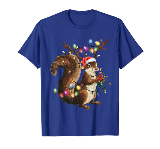 Funny Squirrel Christmas Tree Lights Reindeer Santa Hat Xmas T-Shirt
