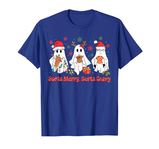 Funny Christmas Sorta Merry Sorta Scary Ghost Xmas Lights PJ T-Shirt