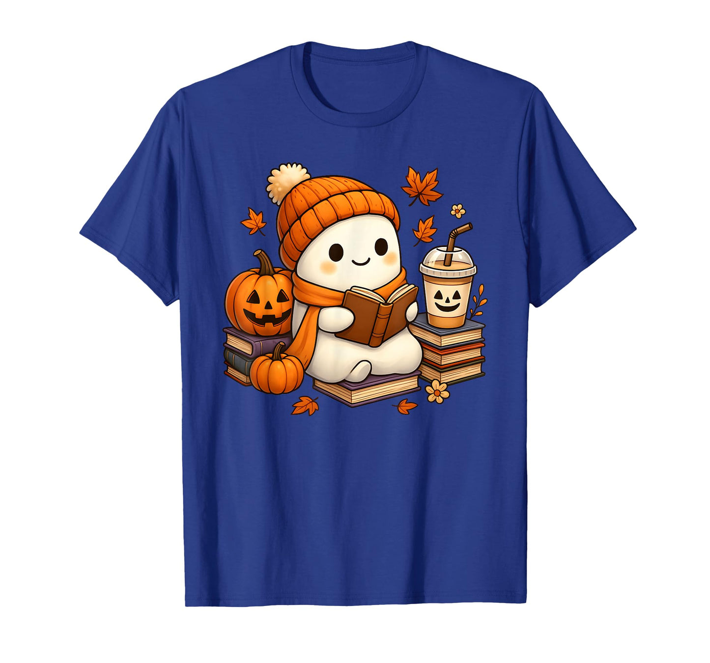 Halloween Ghost Reading Book Lovers Coffee Girl Women T-Shirt