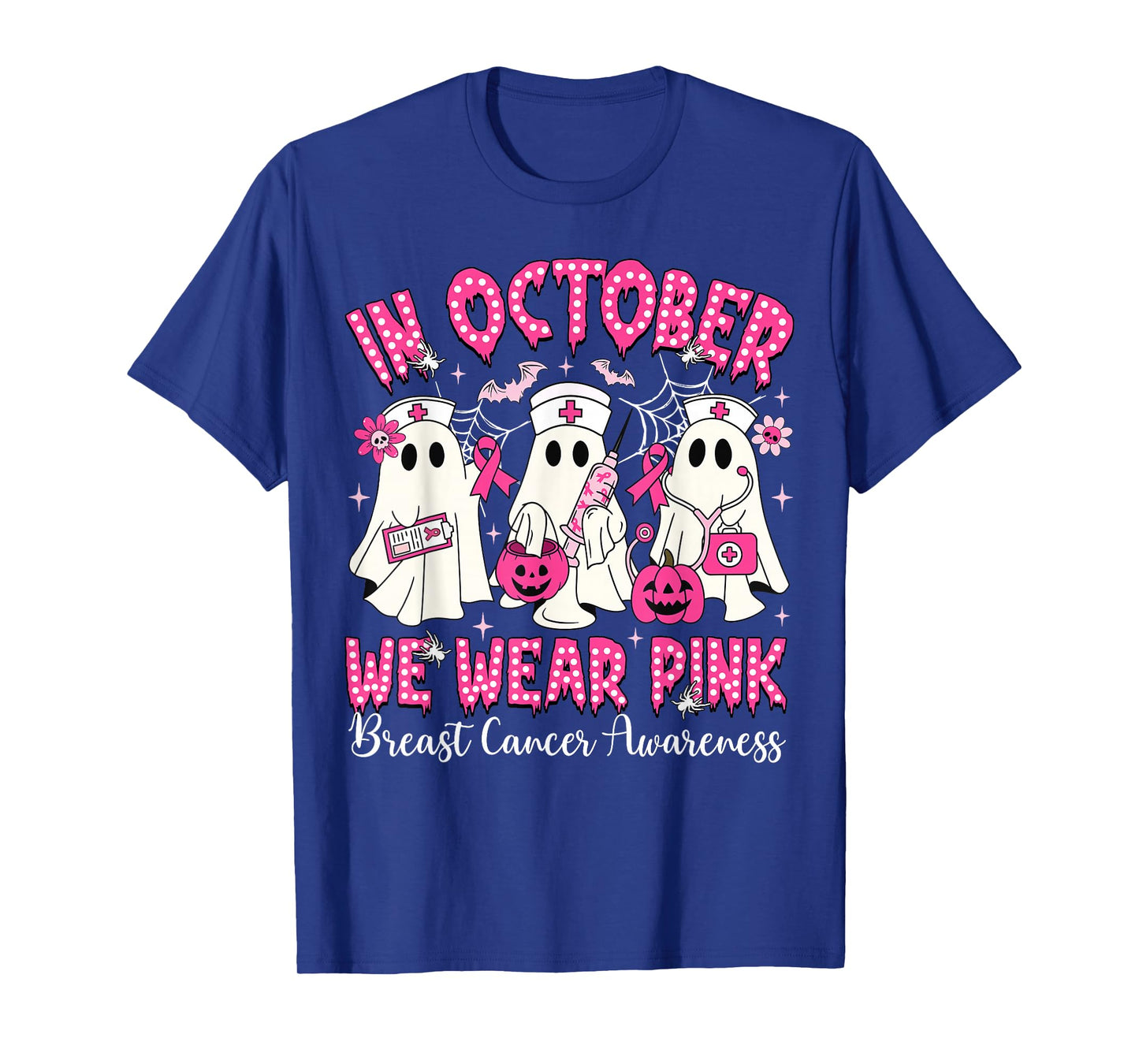 In October We Wear Pink Nurse Ghost Halloween Breast Cancer T-Shirt
