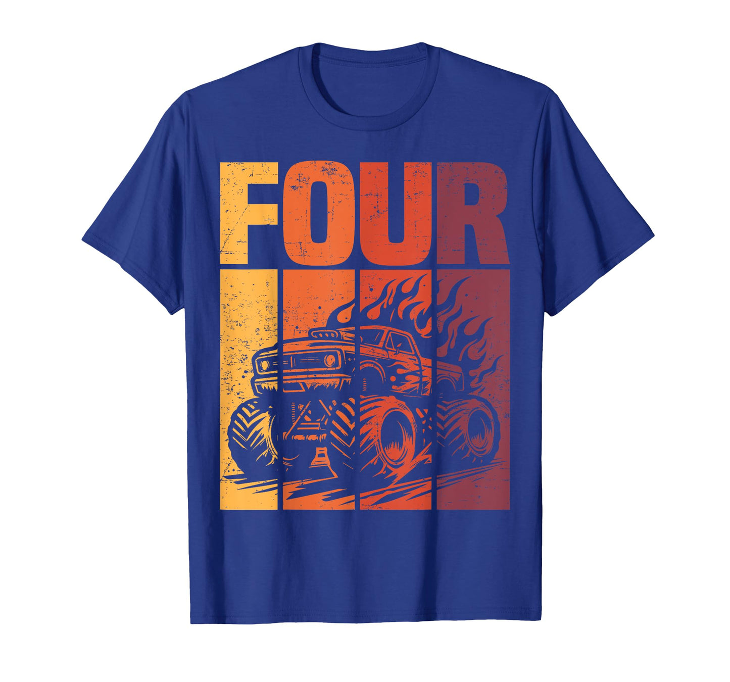 Retro Monster Truck 4th Birthday Boy Four Year Old Kids Bday T-Shirt