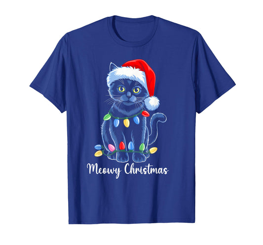 Meowy Chirstmas Santa Black Cat Funny Xmas Pajama Men Women T-Shirt