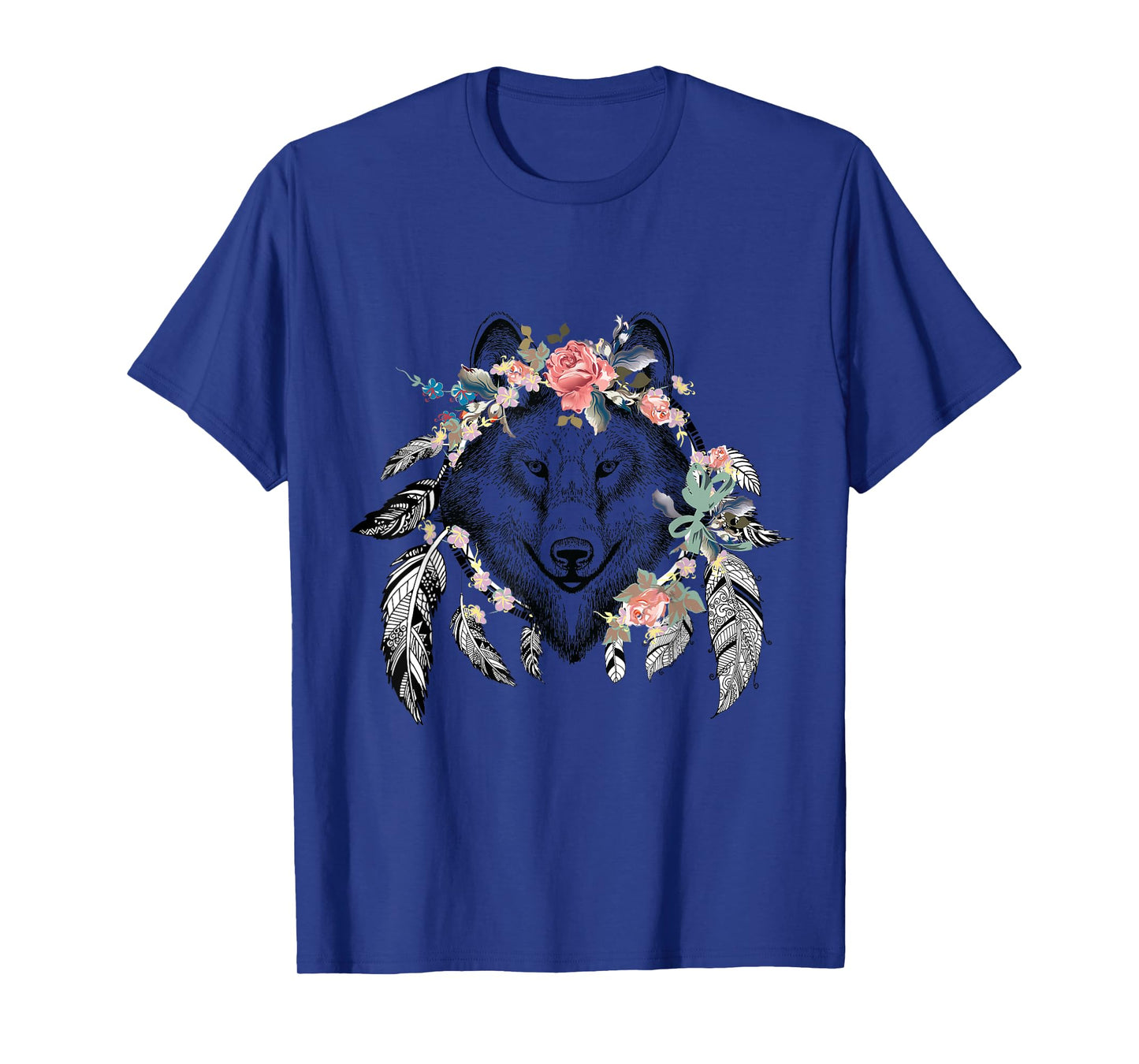 Ethnic Tribal Wolf Head Boho Feather Native American Hippie T-Shirt