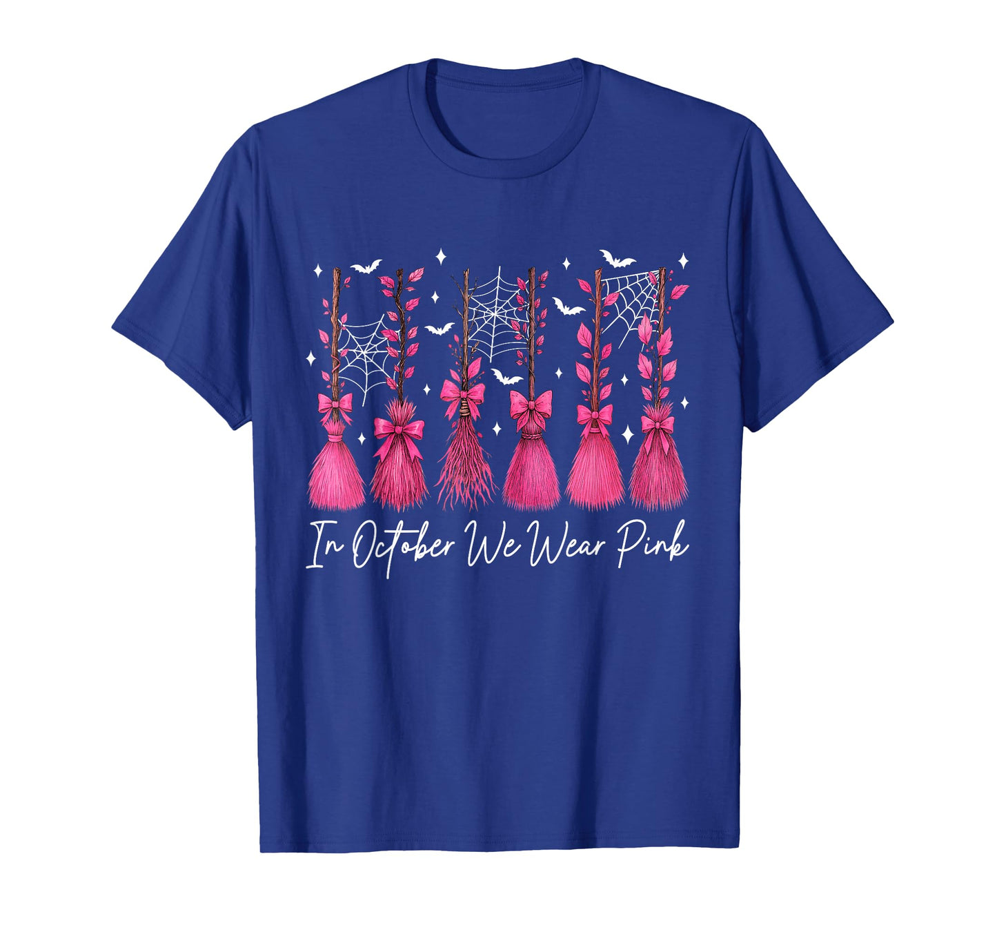 in October We Wear Pink Witch Broom Breast Cancer Halloween T-Shirt