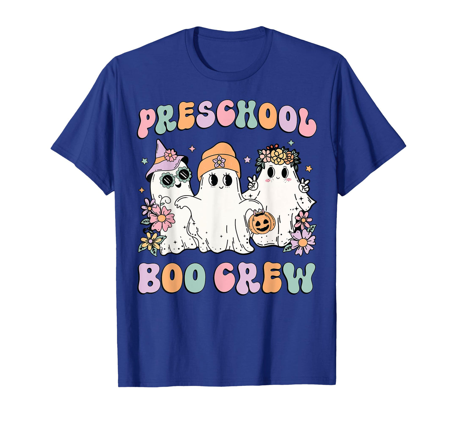 Preschool Boo Crew Groovy Halloween Floral Ghost Teacher Men Women Kids T-Shirt