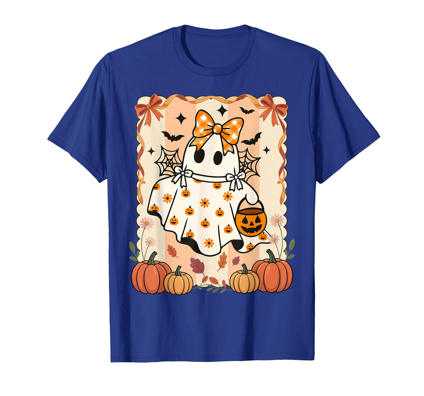 Ghost with Bow Preppy Halloween Pumpkin Season Women Kids T-Shirt