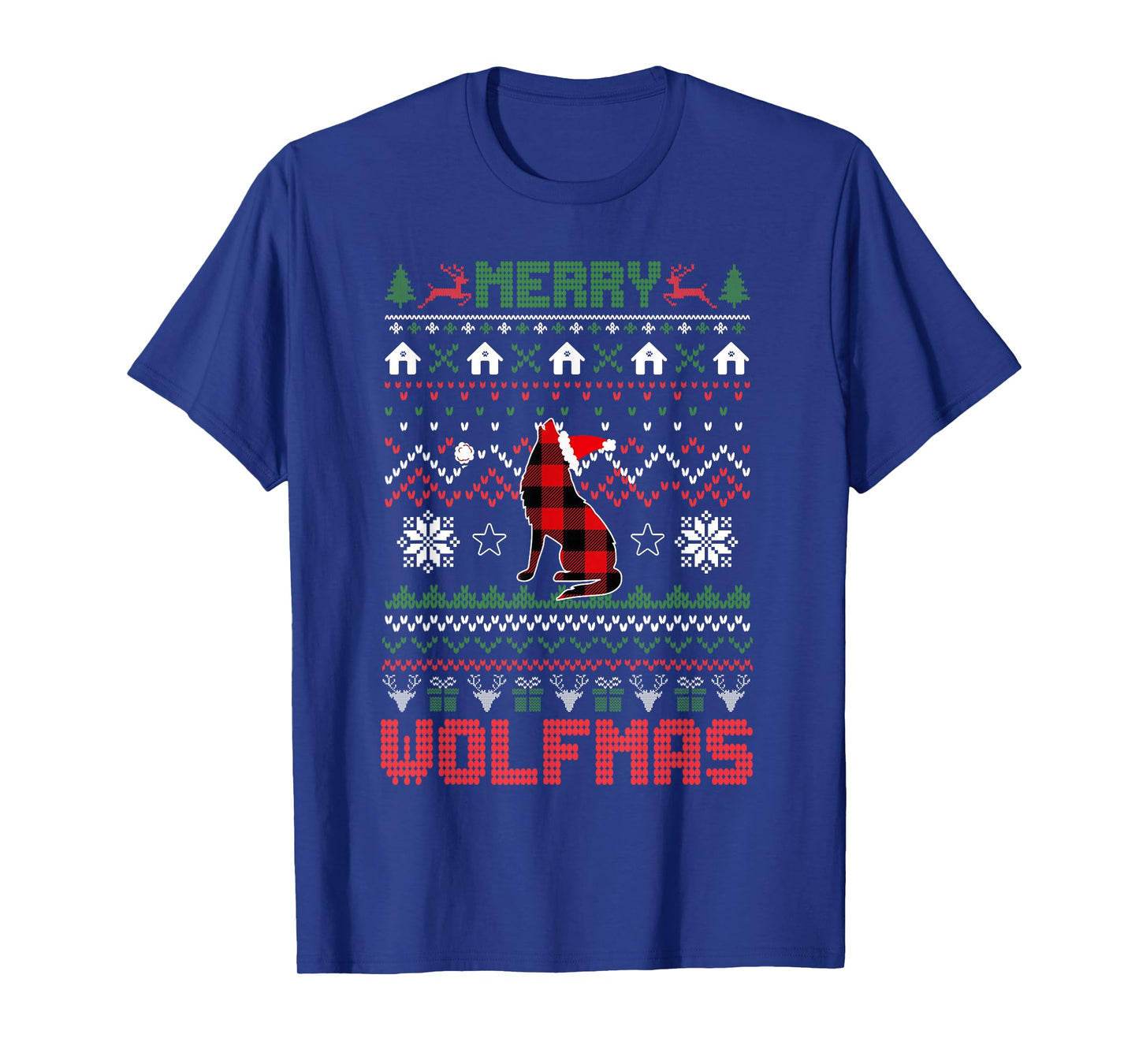 Funny Merry Wolfmas Ugly Christmas Sweater wolf Red Plaid T-Shirt