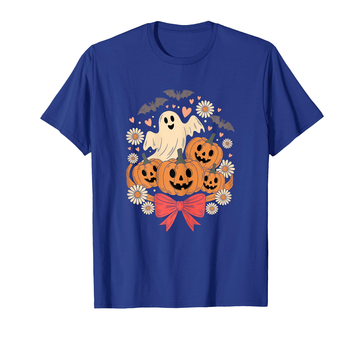 Cute Ghost with Pumpkins and Flowers Halloween Women T-Shirt