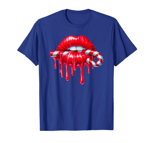 Sexy Lips Red Lipstick Kiss Dripping Candy Cane Christmas T-Shirt