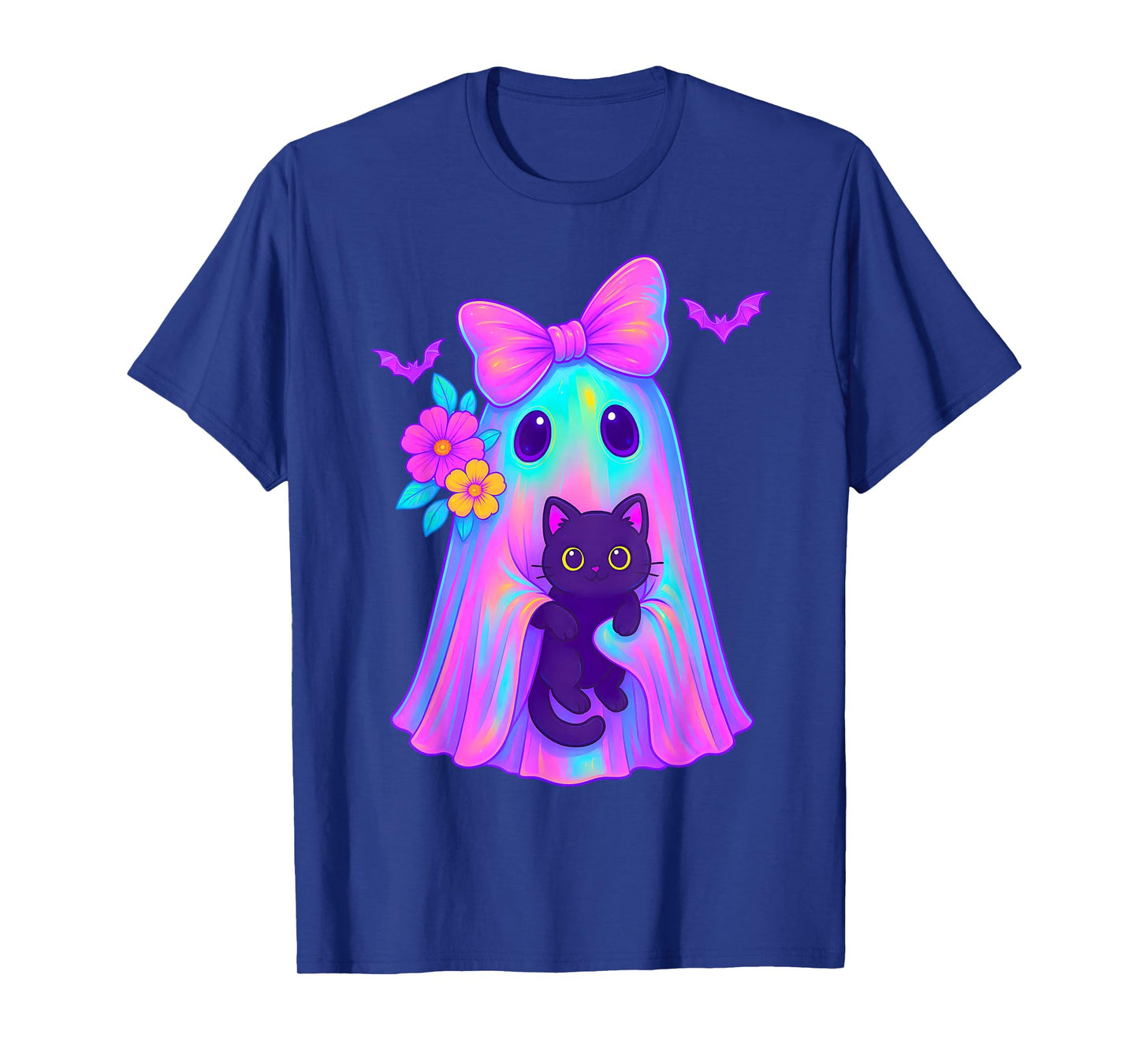Cute Floral Ghost Holding a Cat Coquette Bow Halloween Women T-Shirt