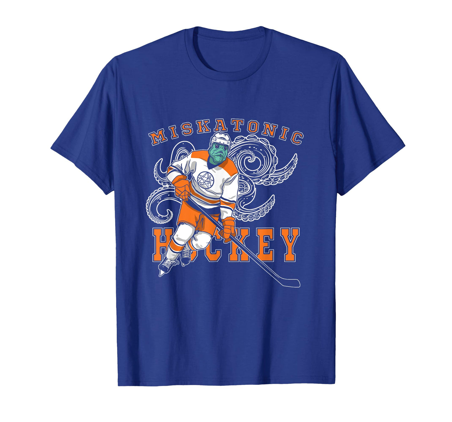 Miskatonic Hockey Sports Orange Horror Graphic On Dark T-Shirt