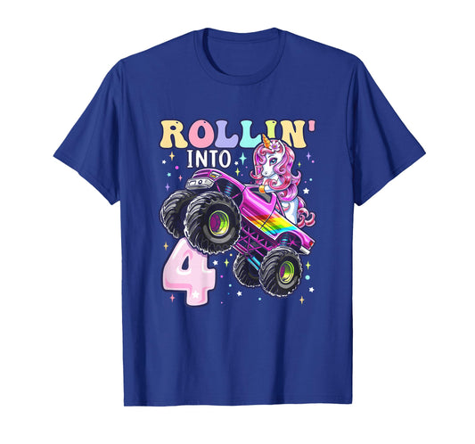 Unicorn Monster Truck 4th Birthday 4 Year Old Girls Party T-Shirt