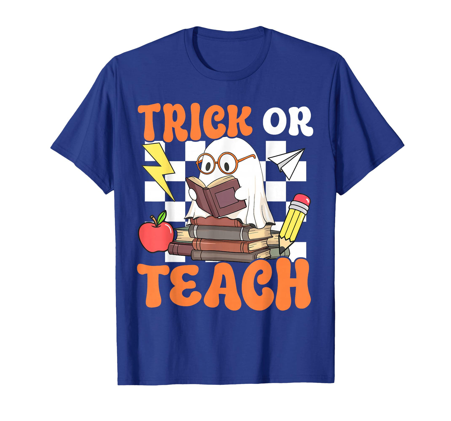 Trick or Teach Retro Halloween Teacher Reading Ghost Womens T-Shirt