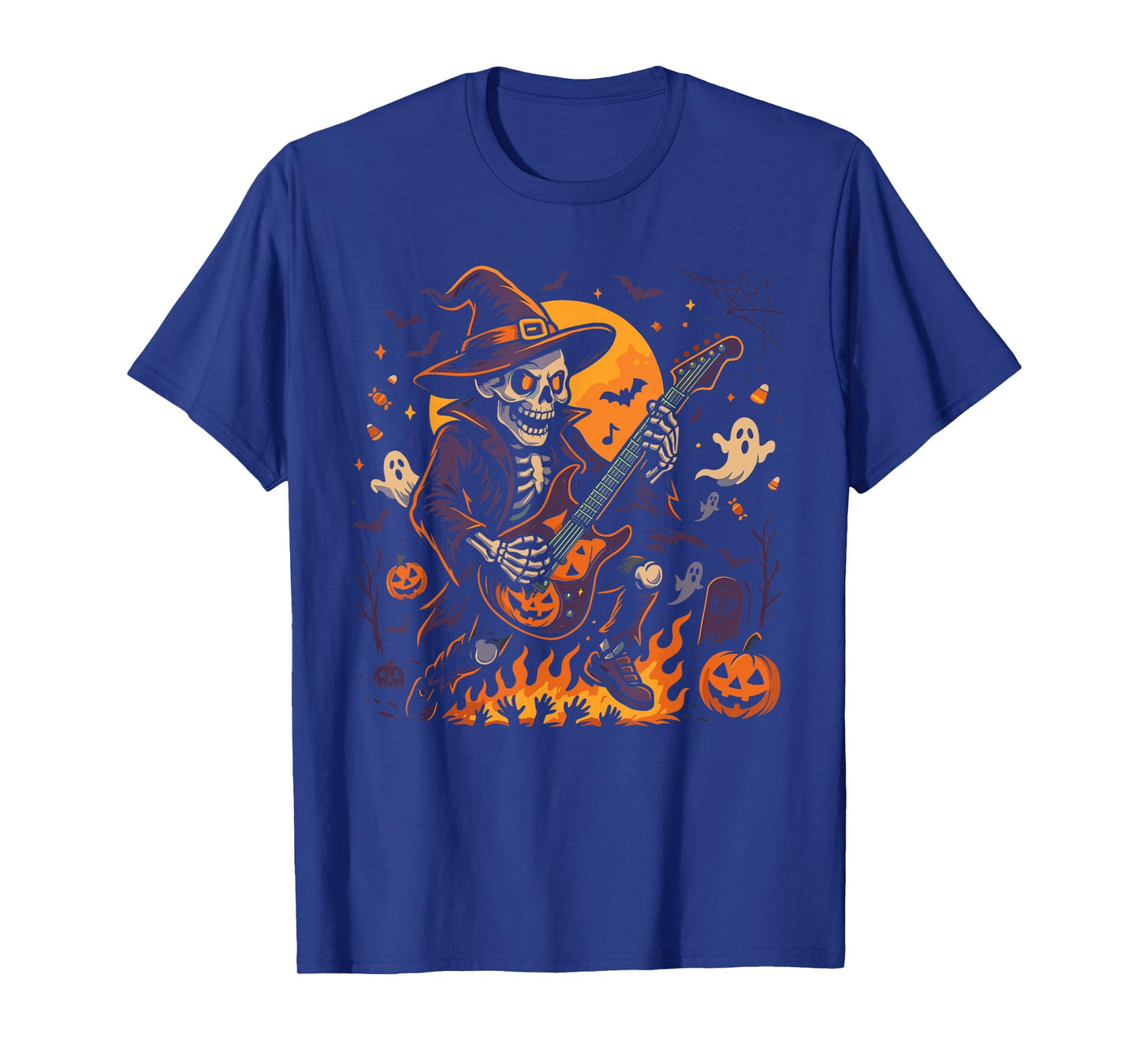 Rocking Skeleton Witch Guitar Halloween Ghost Pumpkin T-Shirt