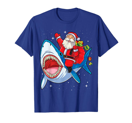Santa Claus Riding Shark Christmas Boys Merry Sharkmas Xmas T-Shirt