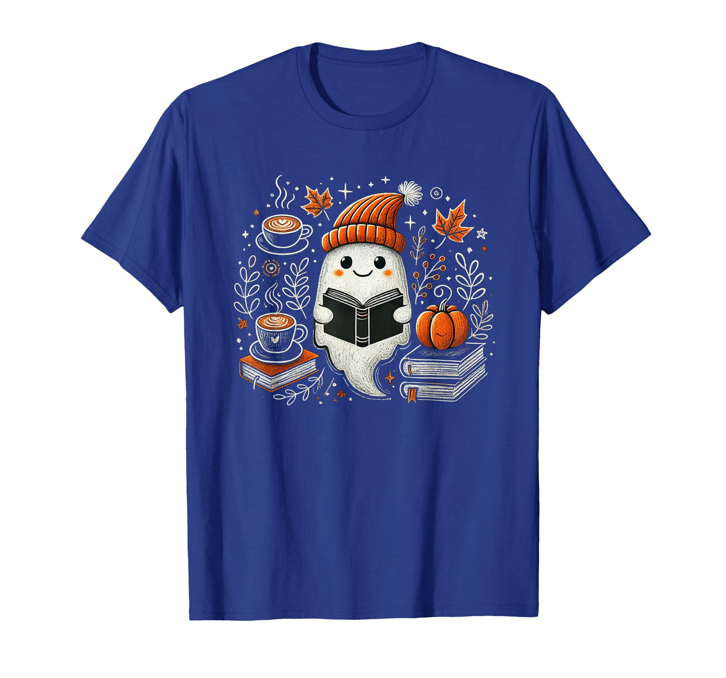 Ghost Reading Book Pumpkin Coffee Autumn Leaves Fall Spirit T-Shirt