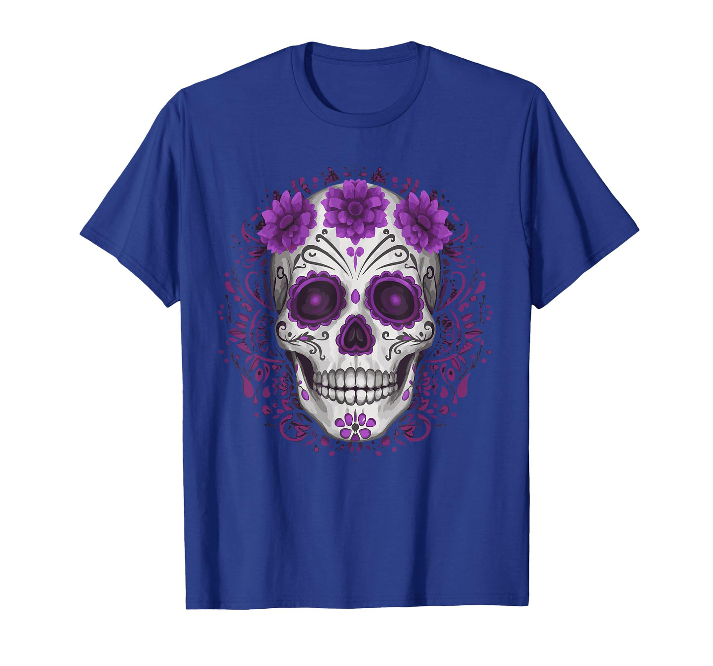 Purple Floral Black Sugar Skull Day Of The Dead Mexican Pray T-Shirt