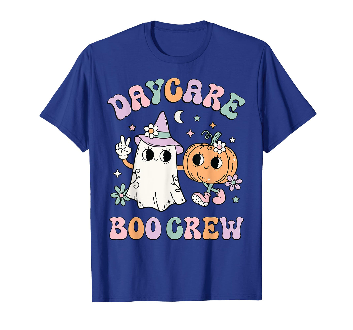 Daycare Boo Crew Groovy Halloween Floral Ghost Kid Teacher T-Shirt