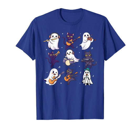 Cute Ghost Cat Playing Musical Halloween Music Teacher T-Shirt