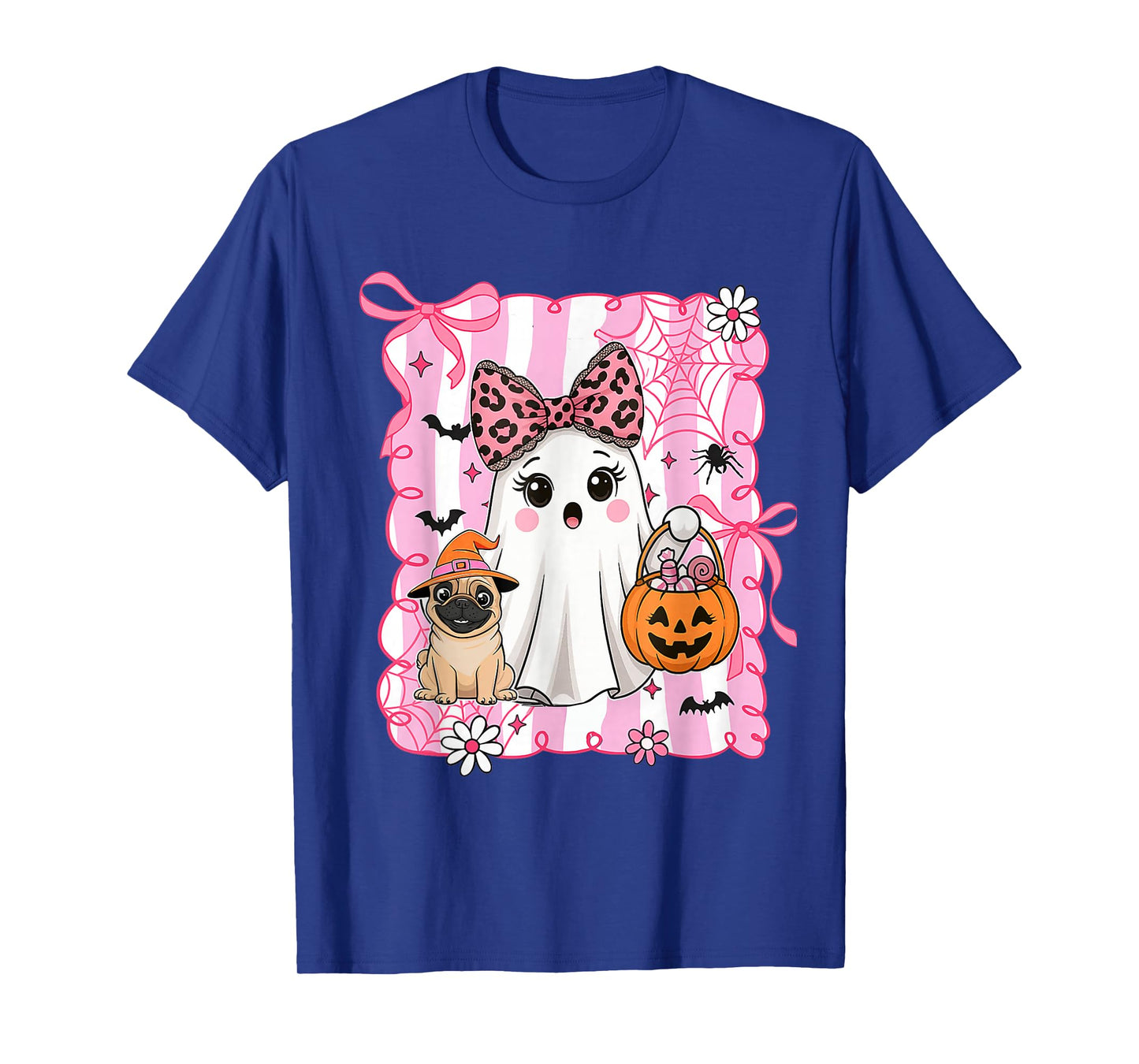 Preppy Spooky Vibes Pink Ghost Dog Halloween Women Girls T-Shirt