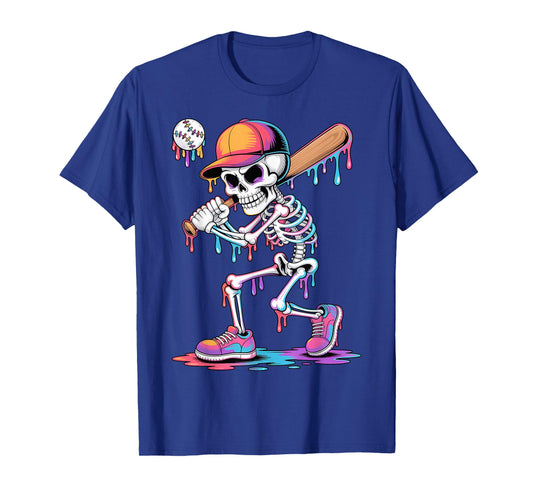 Skeleton Playing Baseball Halloween Youth Kids Baseball Drip T-Shirt