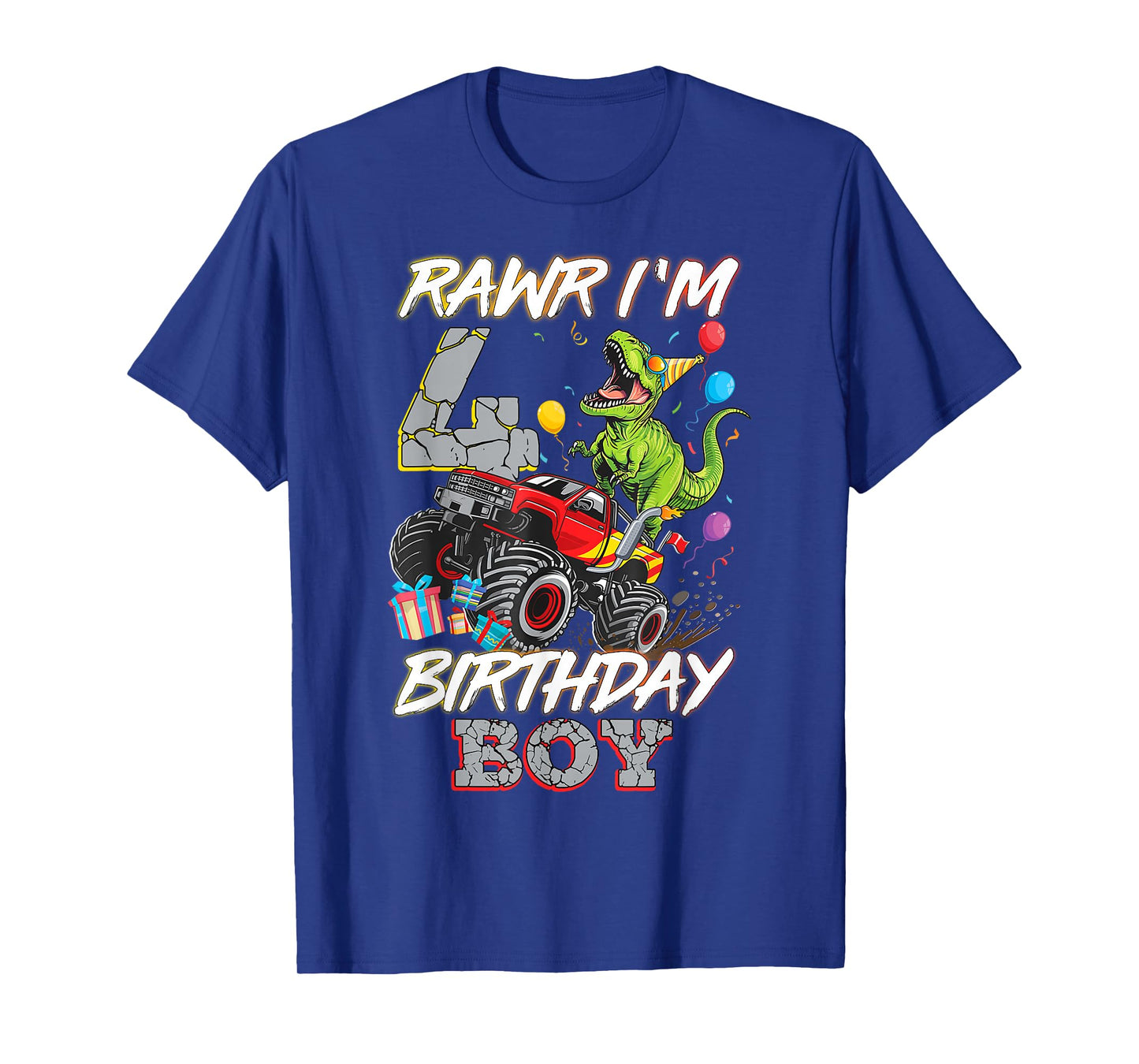 4th Birthday Boy Monster Truck Dinosaur Rawr I'm 4 Year Old T-Shirt