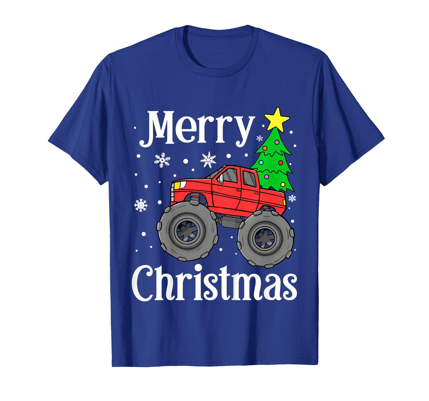 Kids Boys Monster Truck Merry Christmas Tree Snowflakes Toddler T-Shirt