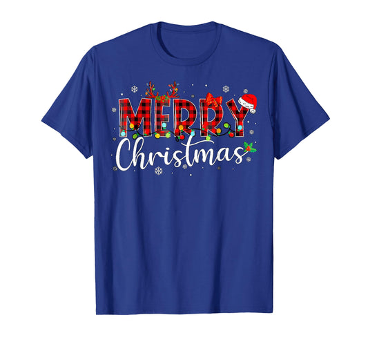 Merry Christmas Buffalo Plaid Red Santa Hat Xmas Pajamas T-Shirt