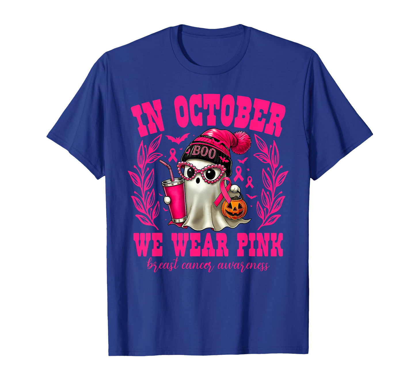 in October We Wear Pink Ghost Beanie Halloween Breast Cancer T-Shirt