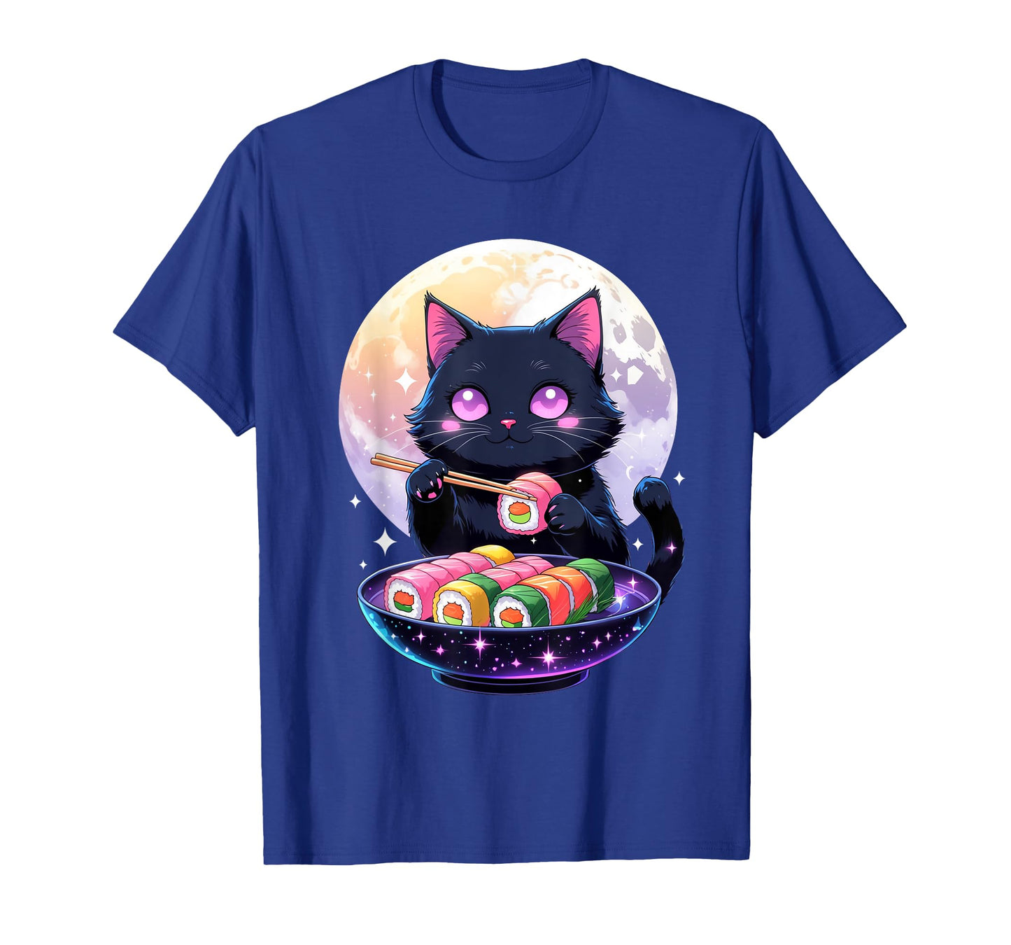 Kawaii Black Cat Eating Sushi Japanese Anime Cute Cat Girls T-Shirt