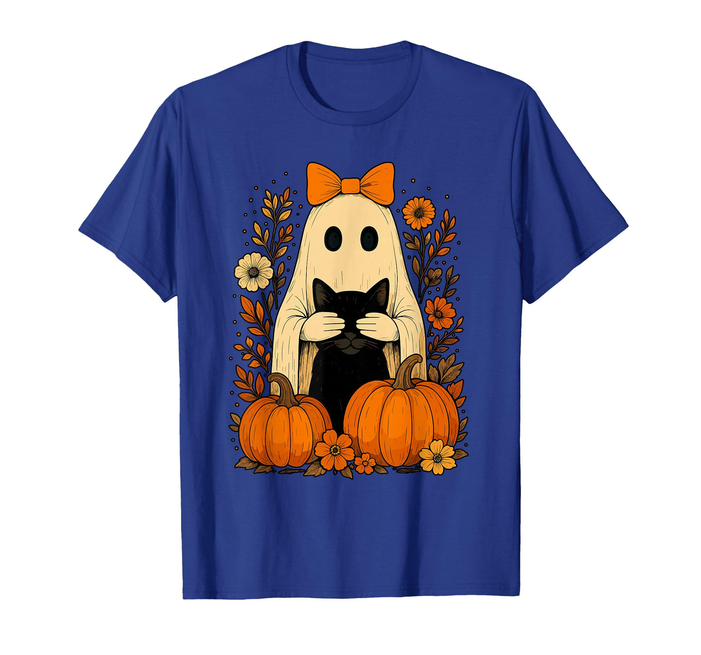 Funny Ghost Bow Holding Black Cat Fall Halloween T-Shirt