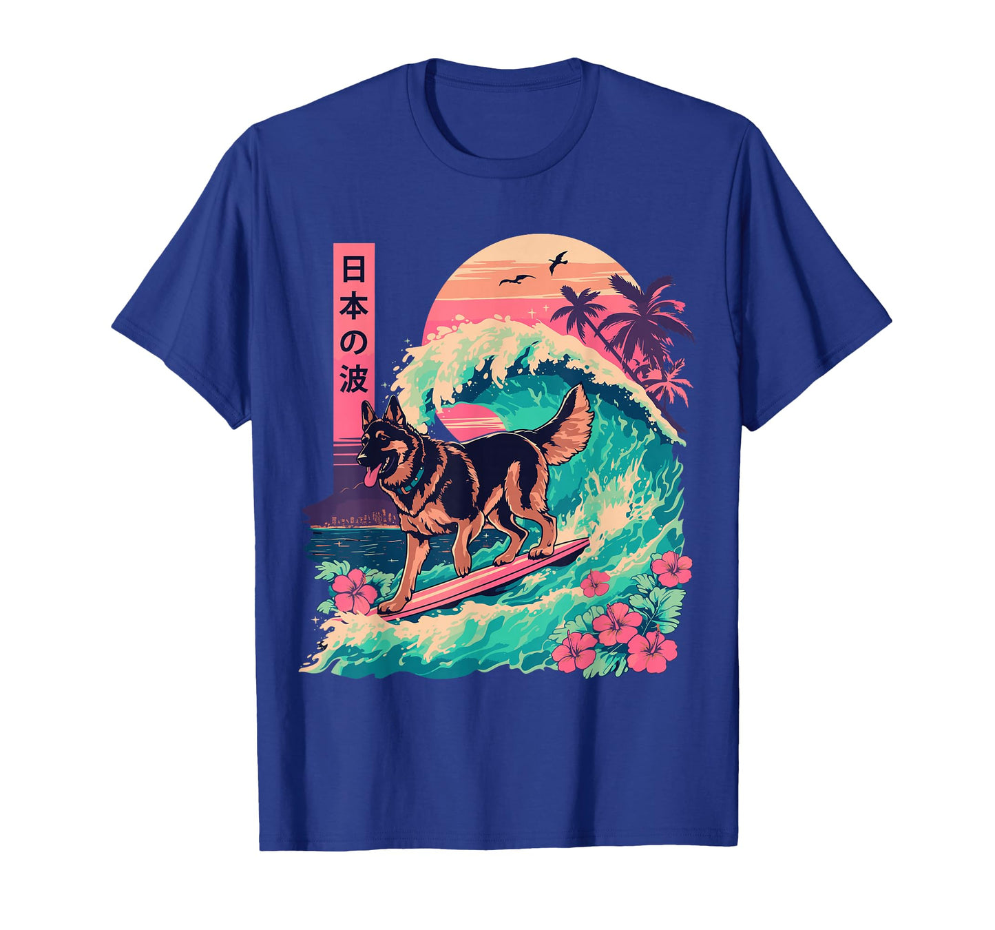 Japanese German Shepherd Surfing Wave Great Wave Japan T-Shirt