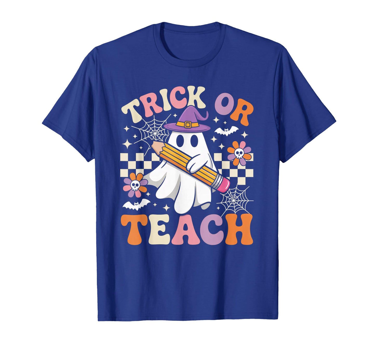 Trick Or Teach Groovy Teacher Halloween Retro Ghost Gifts T-Shirt