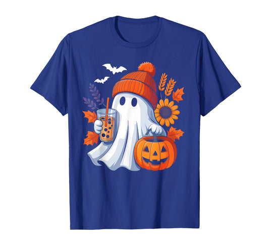 Cute Ghost Drinking Coffee Autumn Pumpkin Halloween Costume T-Shirt