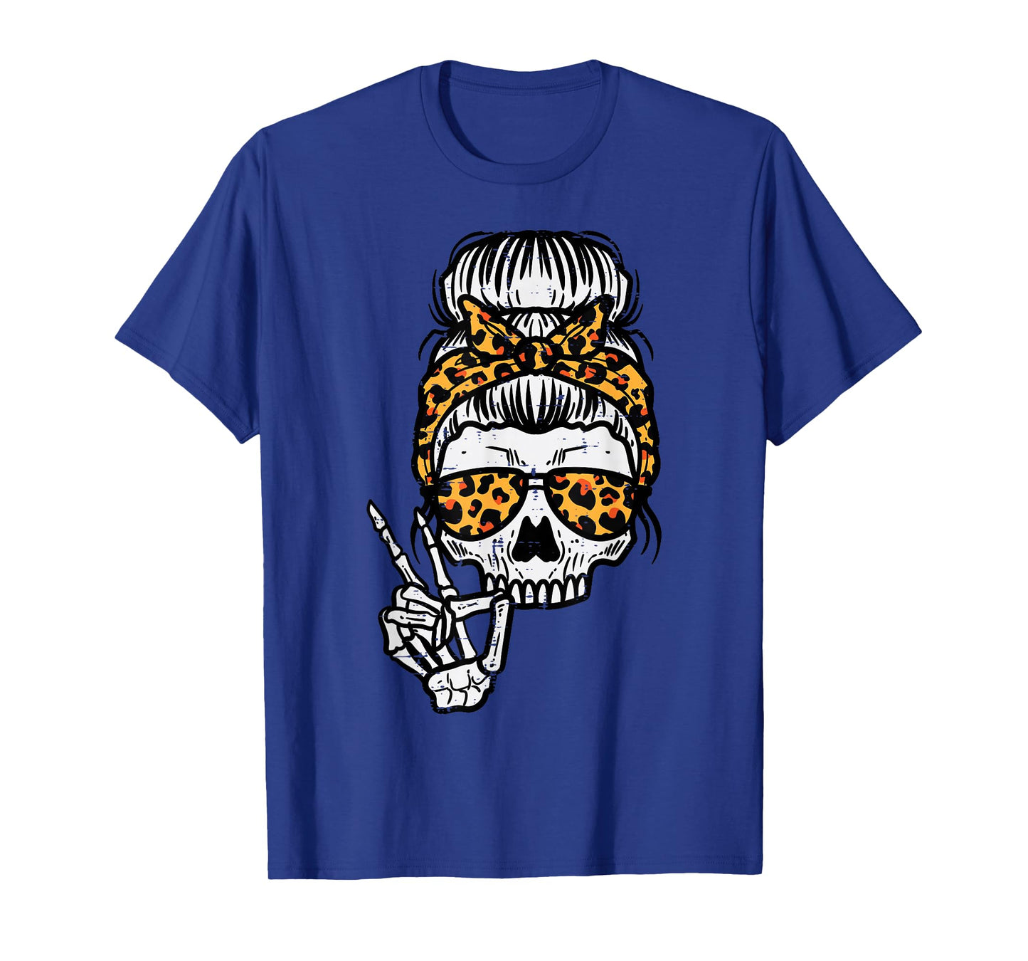 Skeleton Skull Leopard Hairbun Halloween Costume Women Mom T-Shirt