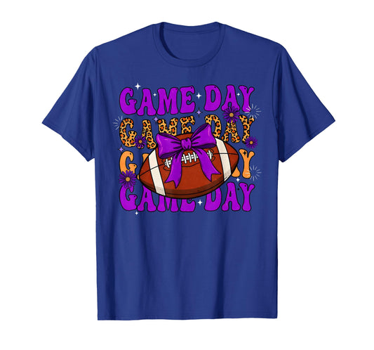 Purple Leopard Game Day Football Bow Touchdown Season T-Shirt