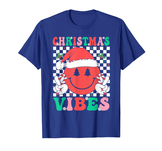 Groovy Christmas Vibes Smile Face Santa Hat Xmas Girls Women T-Shirt