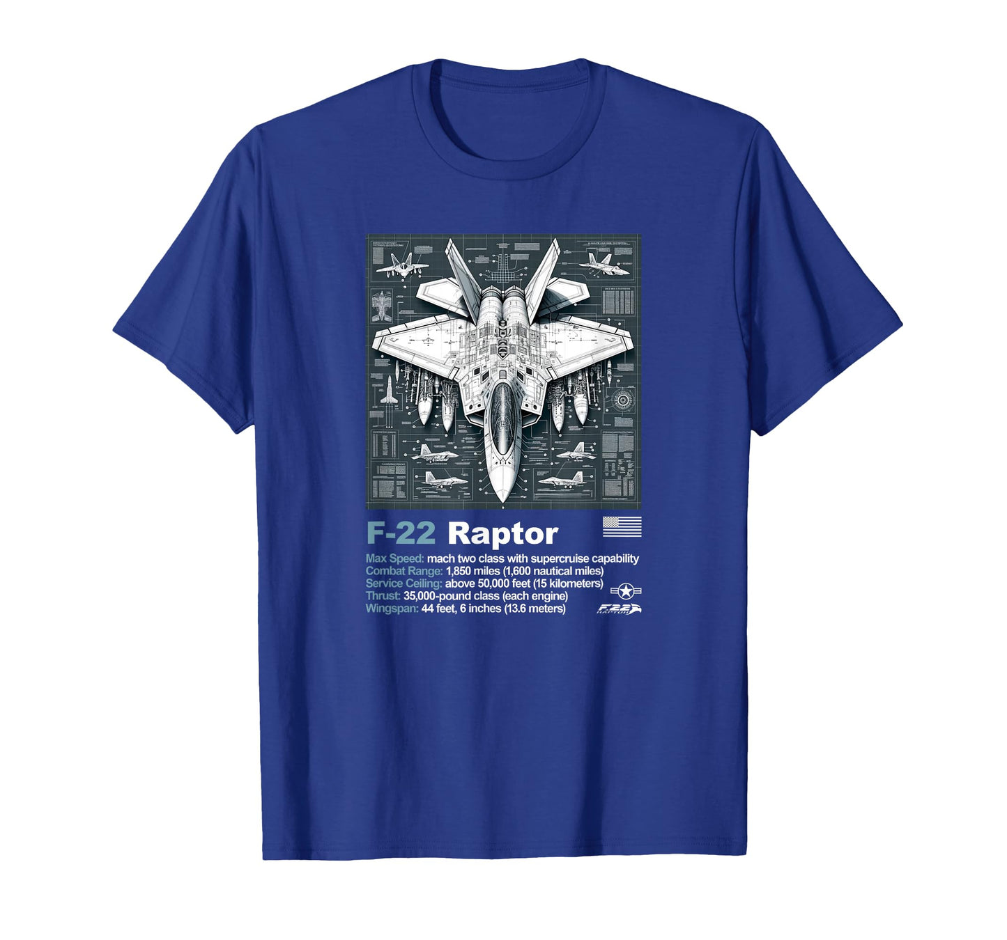 F22 Raptor Fighter Jet Blueprint Technical Drawing & Specs T-Shirt